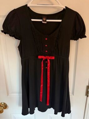 Sweet Love Black Babydoll Mini Dress with Red Satin Ribbon and Button Accents